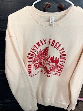Jerzees Cream Crewneck Sweatshirt with Red Christmas Tree Farms Graphic